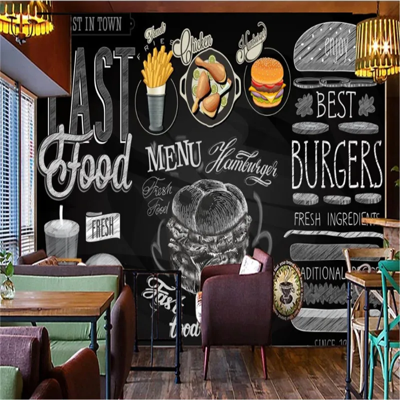Šiuolaikinės Mėsainiai Restoranas Sienos Popieriaus 3D Lentos ir Rankomis dažyti Vakarų Greito Maisto Maitinimo Fono Sienos Freskos Tapetai, 3D