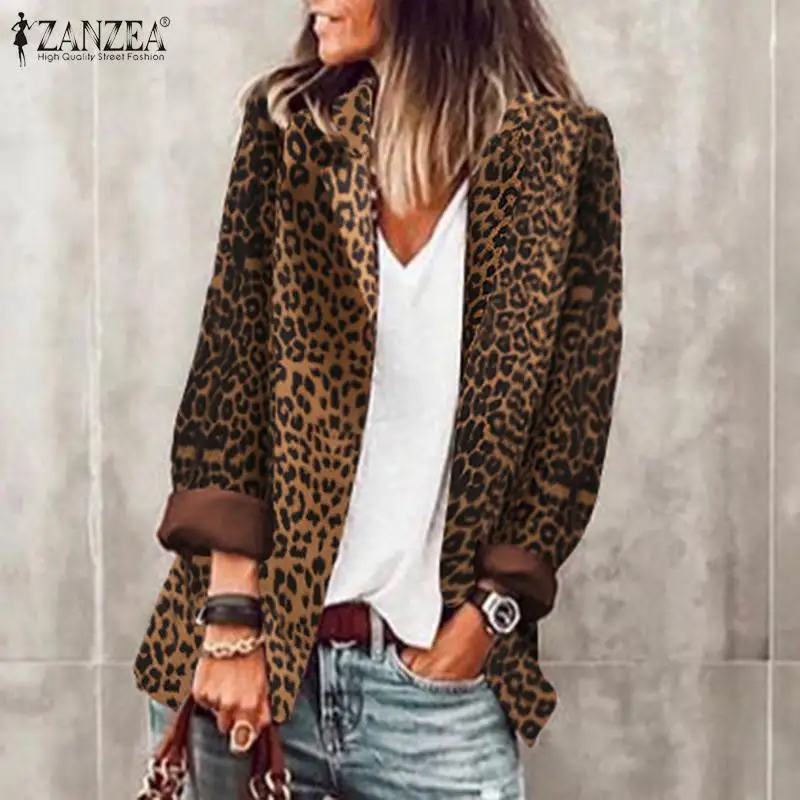 ZANZEA Rudens Mados Leopardas Spausdinti Paltai Moterims Atvartas, Striukės ilgomis Rankovėmis Outwears Moterų Mygtuką Paltai Plius Dydžio Tunika
