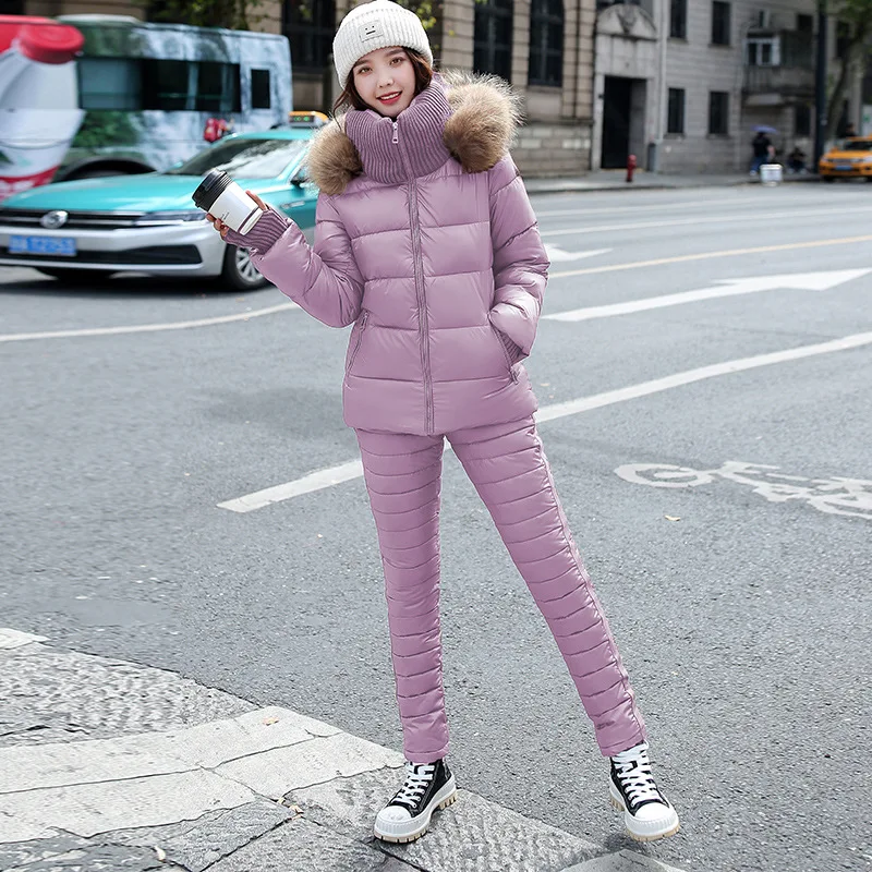 LISYRHJH moterų 2020 m. žiemos Parko Nekilnojamojo kailių apykaklės gobtuvu medvilnės striukę, paltą, kelnes tinka moteris Žemyn medvilnė, 2 gabalas rinkinių, šiltas
