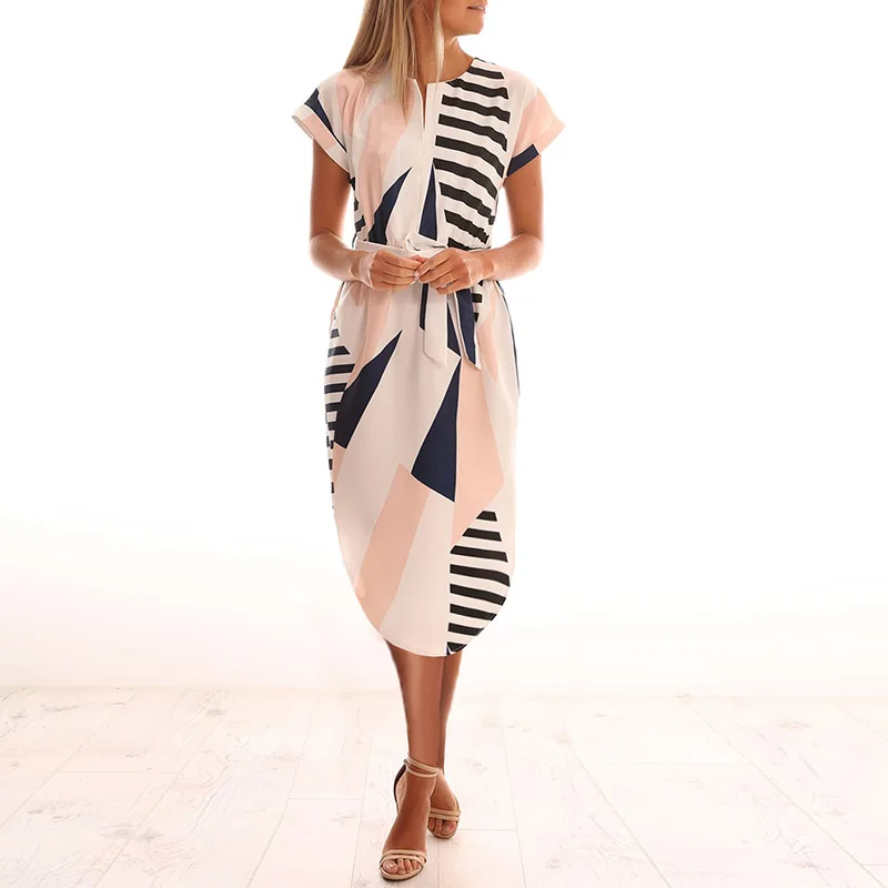 Vasaros Suknelės Moterims 2020 Geometrinis Spausdinti Tunika Ilgos Suknelės V-Kaklo Trumpomis Rankovėmis Midi Sundress Ponios Elegantiška Vintage Vestidos