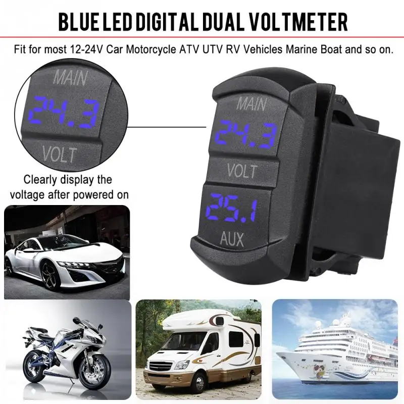 Automobilių Digital Dual Voltmeter DC 10V-60V Mėlyna LED Universalus Pikapas RV Baterija ATV
