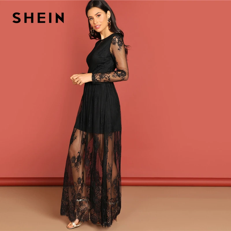 SHEIN Juodos Kontrastas Skaidrus Nėriniai Suknelė Elegantiškas, Tinka Ir Blyksnius Kietas Suknelė Rudenį Šiuolaikinės Lady Moterys Šalis Ilgos Suknelės
