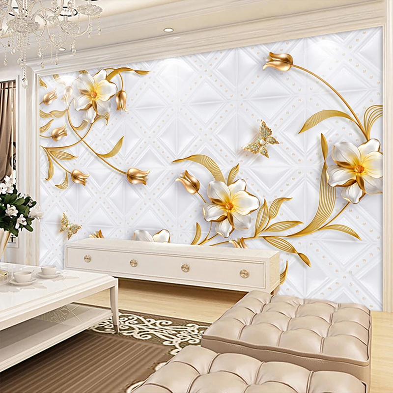 Custom 3D Sienų Freskomis Tapetai, Prabangūs Europos Stiliaus 3D Stereo Paramos Gėlių Aukso Papuošalai Tapetai, Sienų Dangos Kambarį