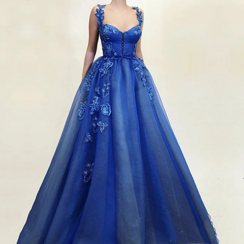 Royal Blue Vakaro Suknelės 2019-line Siuvinėjimo Gėlės Dubajus Spageti Dirželis arabų Ilgai Vakare Gown Korsetas Prom Dress