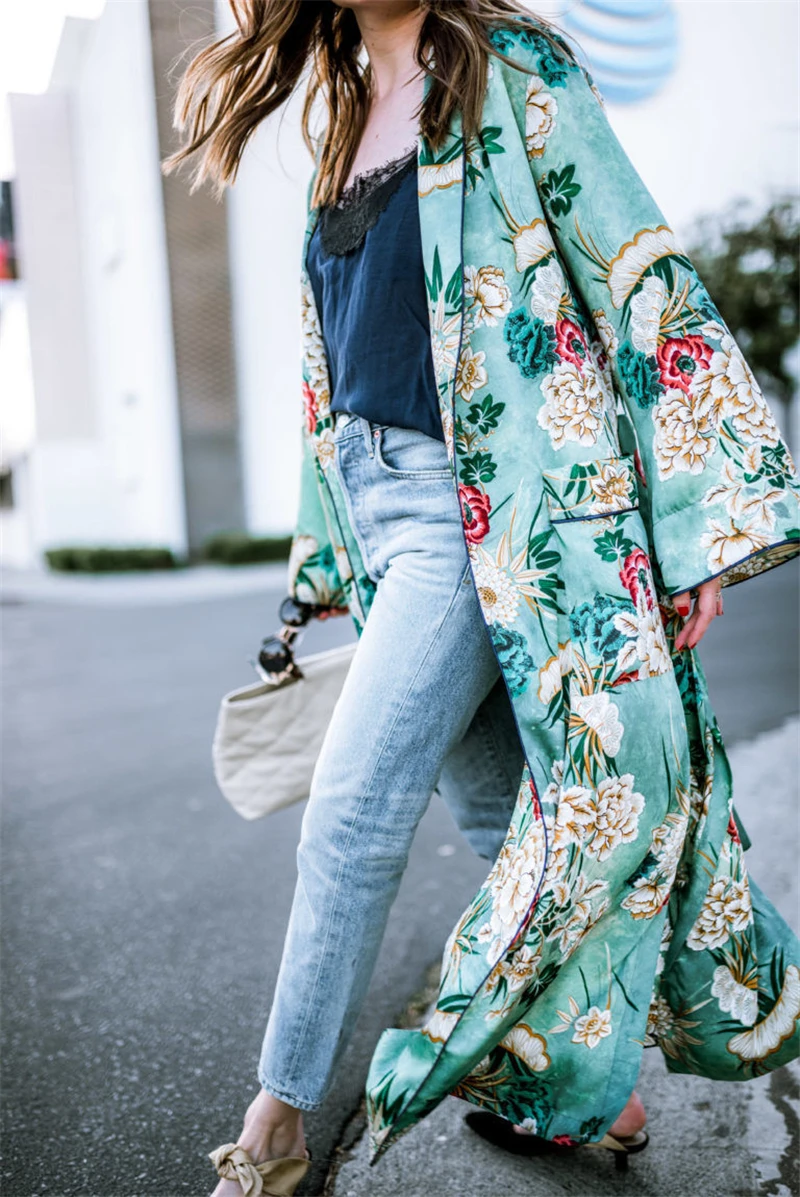 Gėlių Atspausdintas Moterų Derliaus Gėlių Prarasti Skara Ilgai Kimono Megztinis Boho Viršūnės Vasarą Elegantiškas Šifono Megztinis Ilgas Marškinėliai