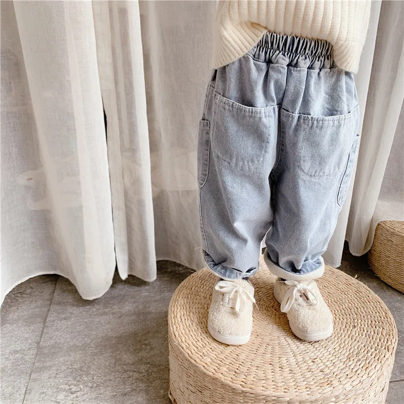 Korėjos stiliaus berniukų ir mergaičių vilnos tirštėti džinsinio ziajać vaikai vientisų spalvų džinsus didelis kišenėje prarasti šiltas vaikams laisvalaikio kelnės