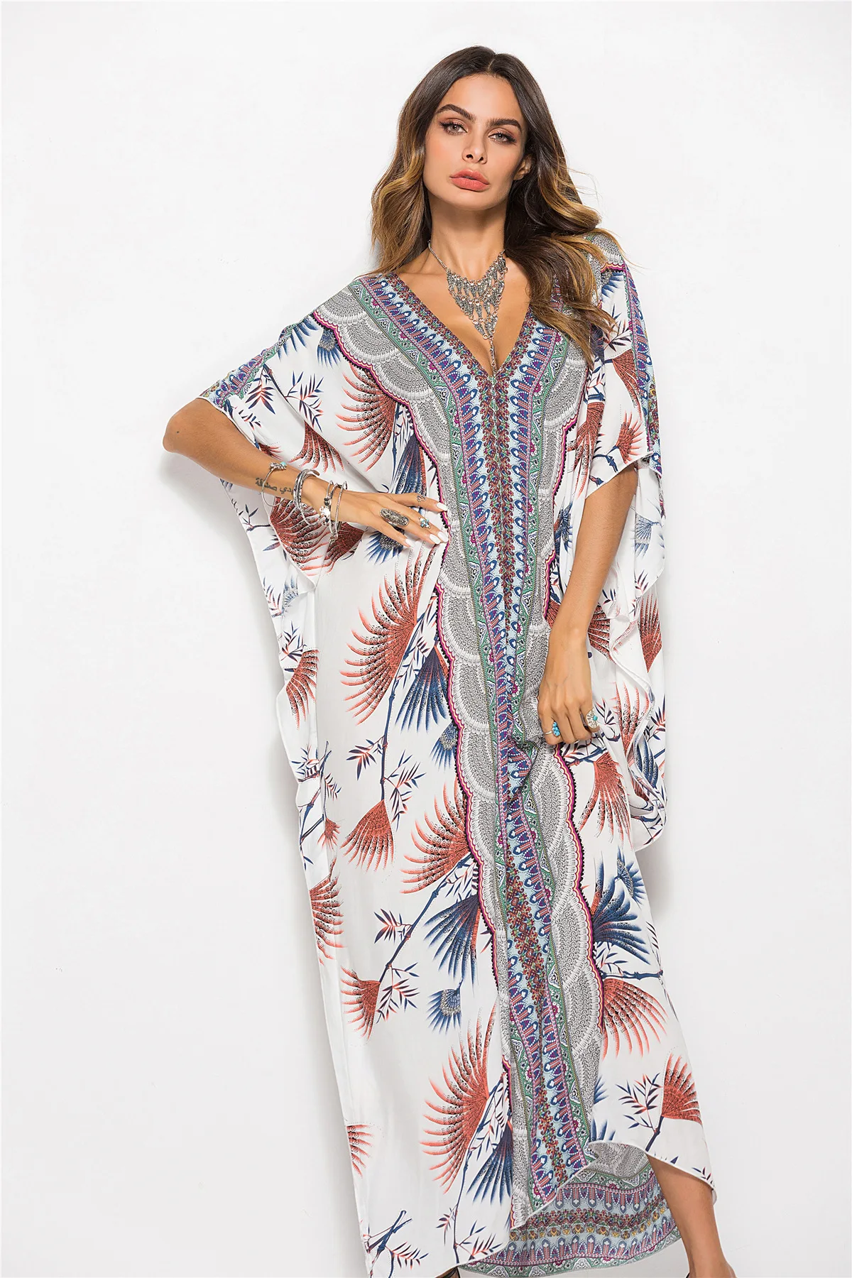 Naujas Spausdinti Bohemijos Moterų Maxi Suknelė Batwing Rankovės Atostogų Paplūdimio Drabužiai Mados Musulmonų Abaja Dubajus arabų Maroko Skraiste VKDR1767