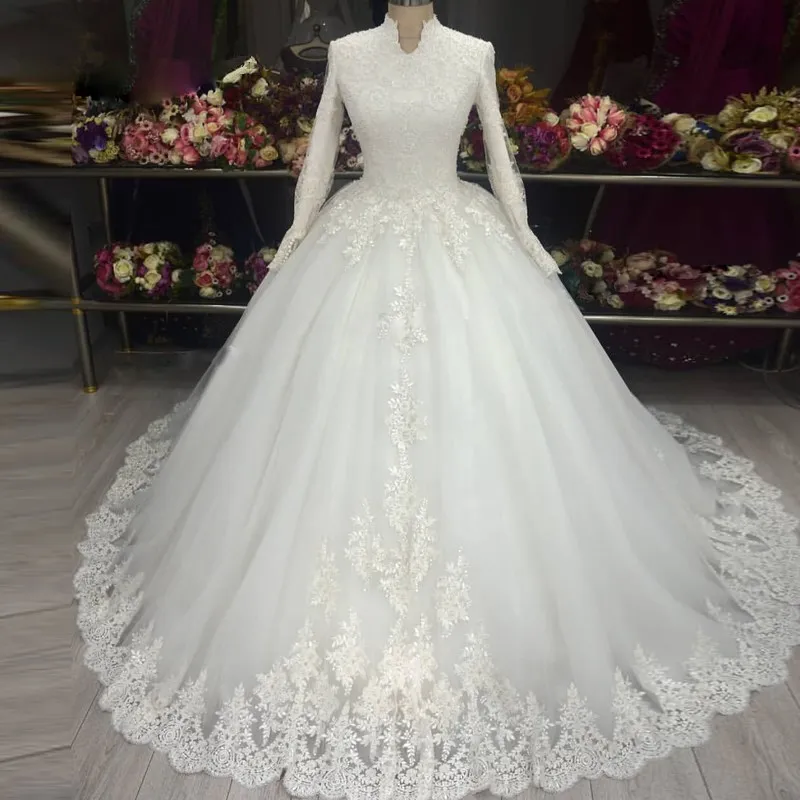 Vestido De Noiva Plius Dydis Aukšto Kaklo Nėrinių Aplikacijos Kamuolys Suknelė Vestuvių Suknelės 2021 ilgomis Rankovėmis Musulmonų Vestuvių Suknelės Moterims