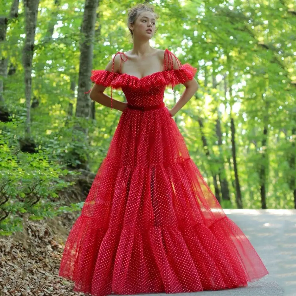 Thinyfull Punktyras Tiulio Raudona Promenadzie Suknelė Off Peties Bustier Korsetas Vakarinę Suknelę Su Varčios Chalatas De Soiree 2021