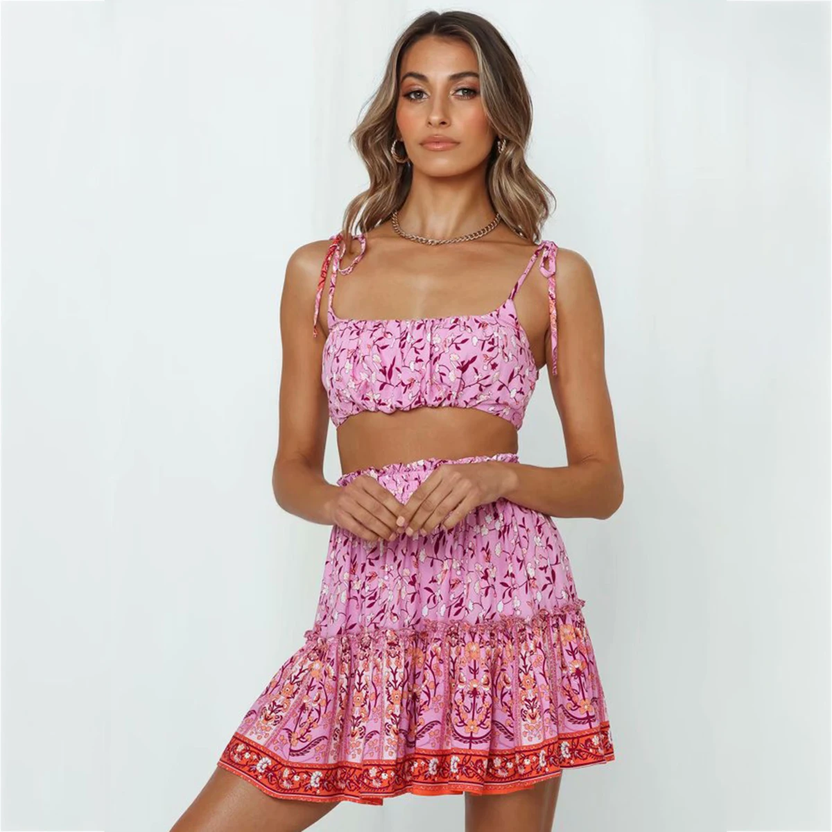 Jastie 2020 M. Bohemijos 2 Dalių Rinkinys Moterims Gėlių Spausdinti Nustatyti Vasaros Dress Dirželiai Klostuotas Mini Boho Suknelės Čigonų Moterų Paplūdimio Suknelė