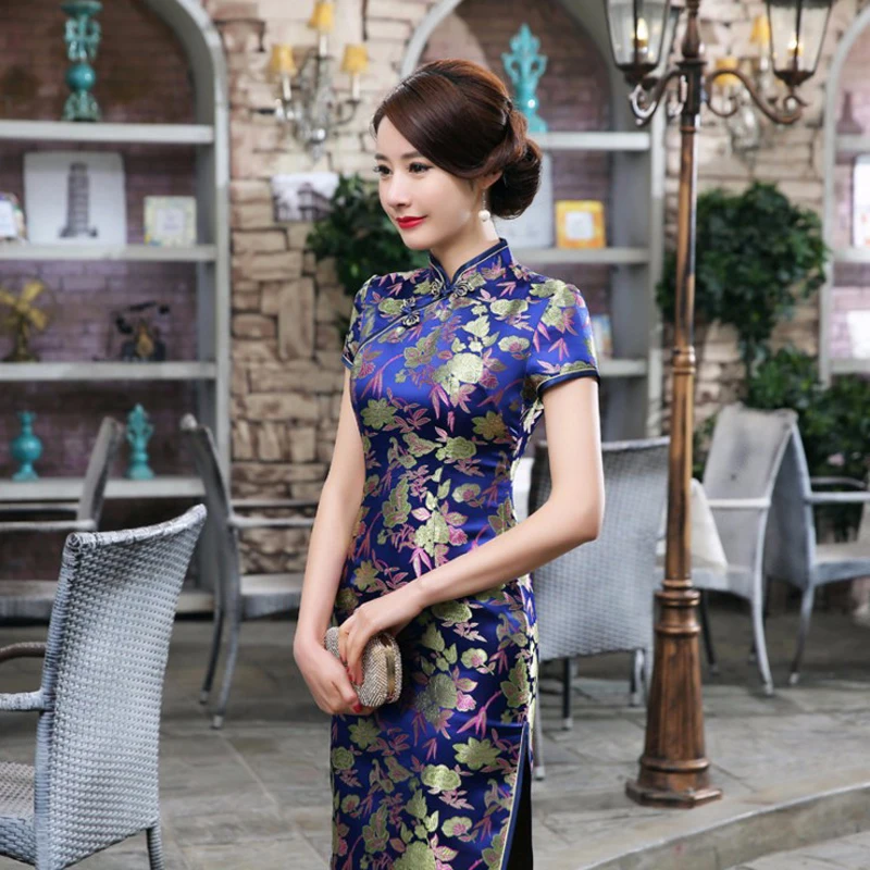 Kinijos vestuvių cheongsam suknelė moteriški drabužiai satin ilgos cheongsam Mandarinų apykaklės cheongsam gėlių nuotaka vestuvių suknelė kinija