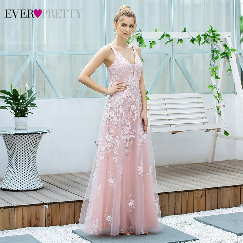 Pink Gėlių Nėrinių Prom Dresses Kada Nors Gana-Line V-Kaklo Spagečiai Dirželiai Tiulio Elegantiškas Ilgas Šalis, Chalatai Vestidos De Gala 2020 M.
