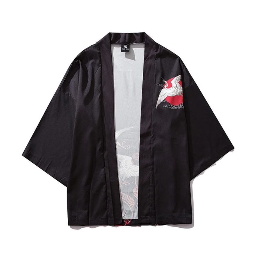 Kinijos, Japonijos Tradicinių Kostiumai Vyras Krano Spausdinti Juodosios Saulės Cardigan Haori Paltą Moteris Kimono Yukata Ukiyo-e Komplektai