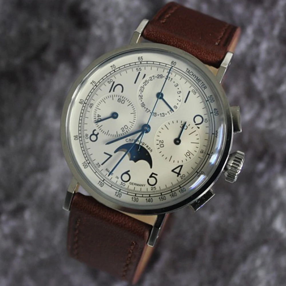 Mechaninė Chronograph Mens Watch Pilotas Laikrodžiai Vyrams Plieno, Safyro Mėnulio Fazės Riešo Žiūrėti Žuvėdra ST1908 Judėjimo Naujas 2020 m.