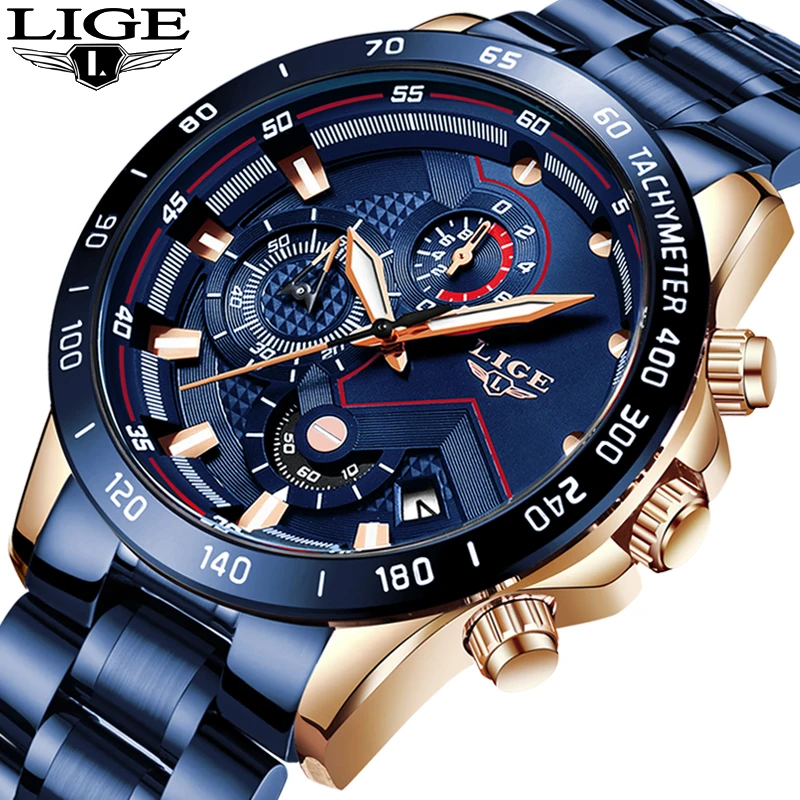 2019 LIGE Naujas Mėlyna Mados Verslo Laikrodis Mens Watches Top Brand Prabanga Visų Plieno, atsparus Vandeniui Kvarco Aukso Žiūrėti Relogio Masculino