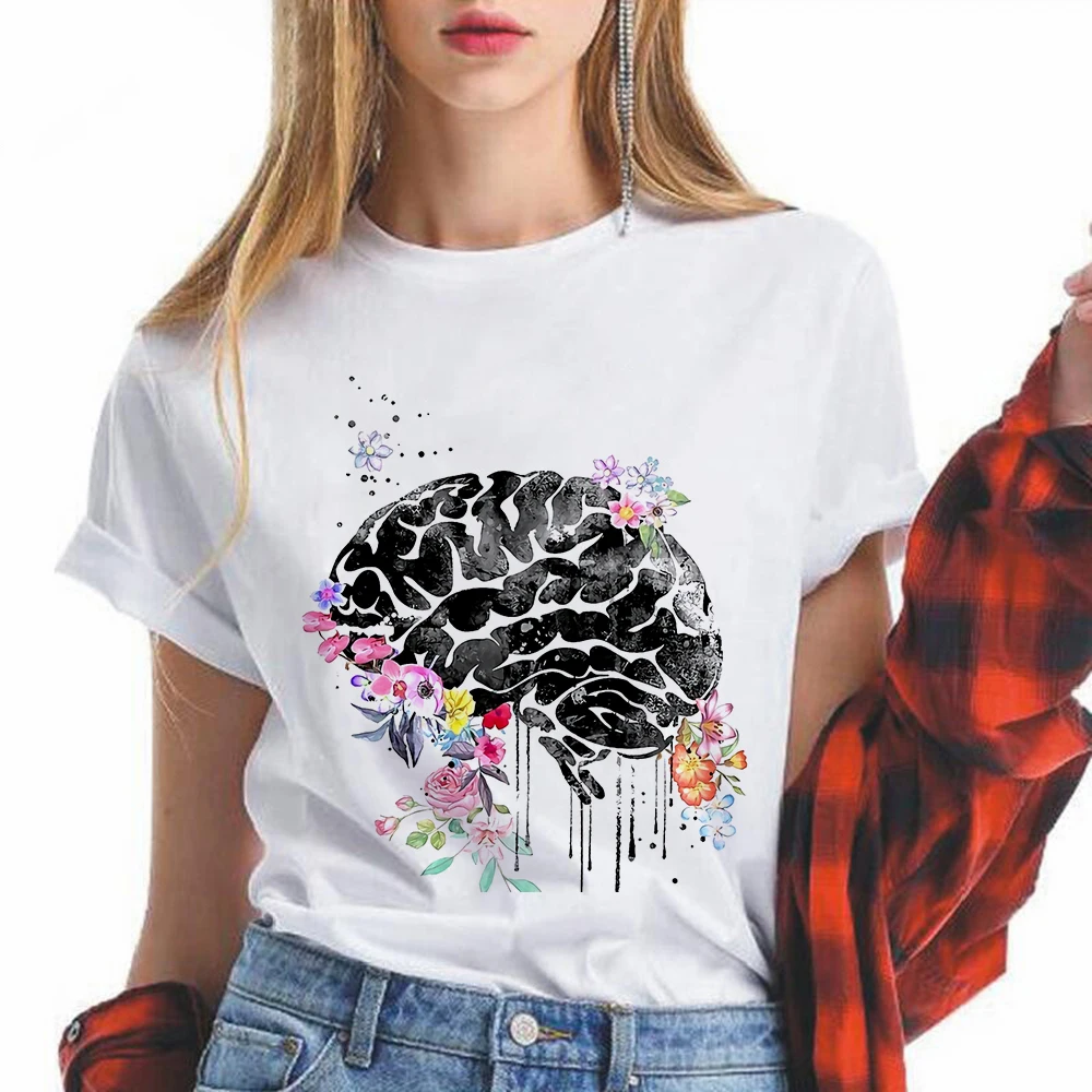 Smegenų Gėlės Kawaii Harajuku Marškinėliai Moterims Ullzang Mielas marškinėliai Funny Cartoon Grafika Marškinėlius 90-ųjų Mados Viršuje, Trišakiai Moteris