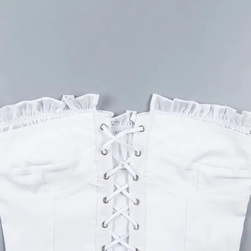 Moterų Tinklinio Raukiniai Trumpas Rankovės Pasėlių Viršų Seksualus Nuo Peties White T-Shirt Tuščiaviduriai Iš Criss-Cross Nėriniai-Up Streetwear