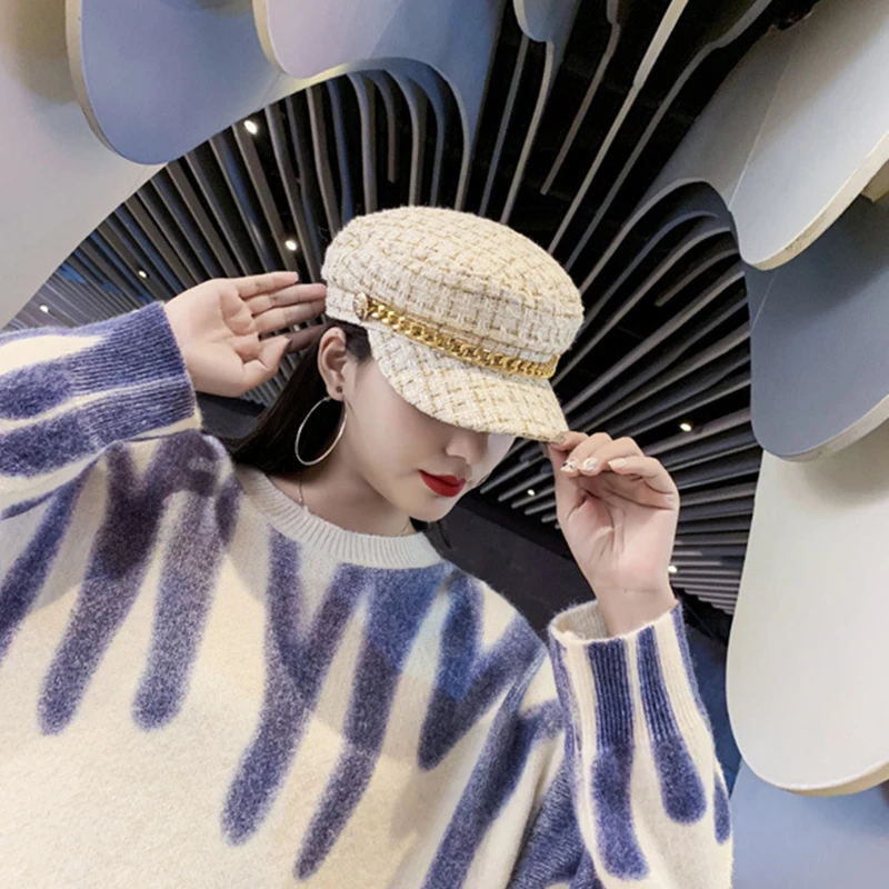 Paryžiaus Mergina Naujas Moterų Skrybėlės Tvido Pledas Newsboy Kepurės Grandinės Flat Top Skydelis Bžūp Derliaus Pledas Karinė Kepurė Moteriška Rudens-Žiemos Skrybėlės