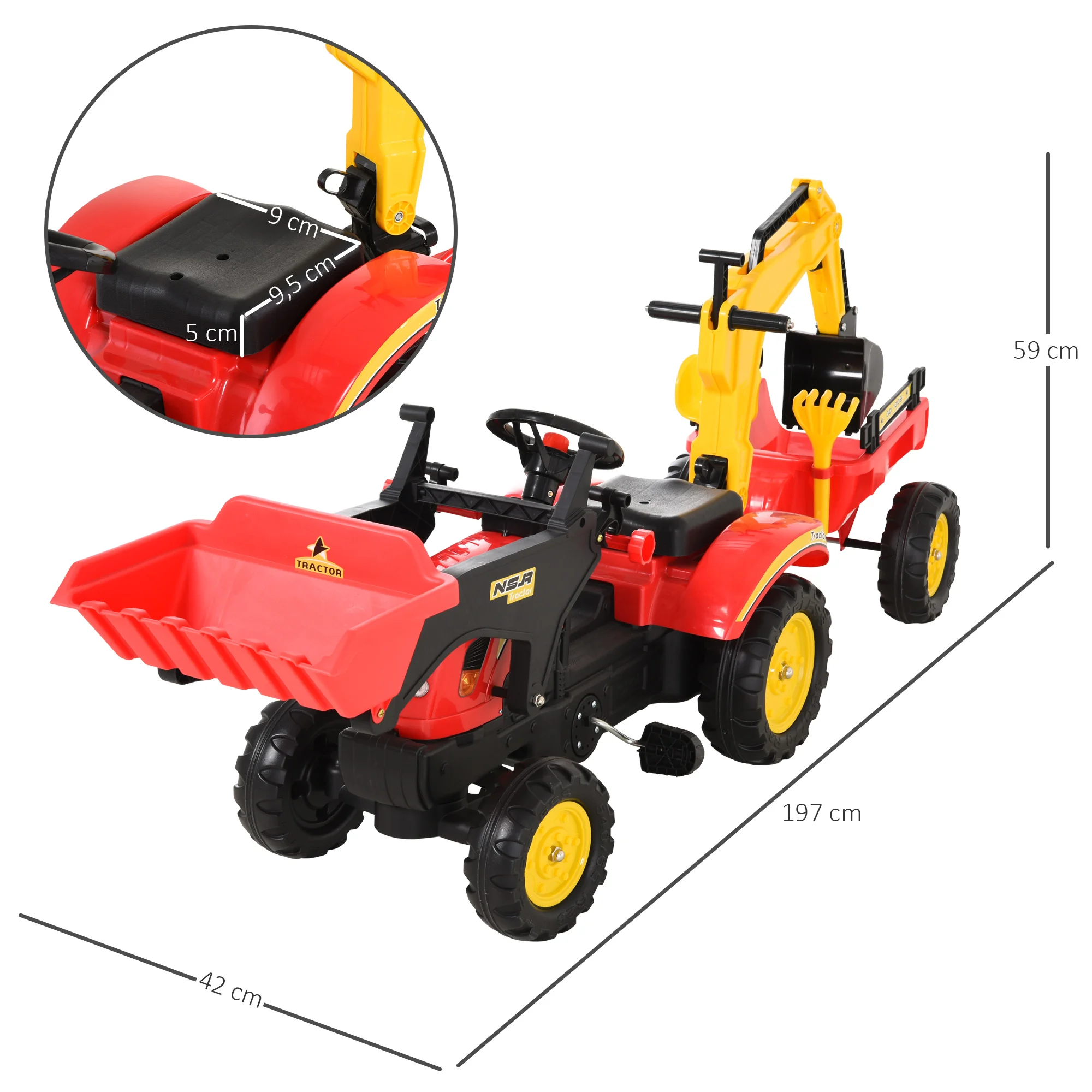 HOMCOM Traktoriaus pedalai su ekskavatorių priekabos priekyje kastuvas vairavimo žaislą virš 3 metų 179x42x59 cm, raudonas