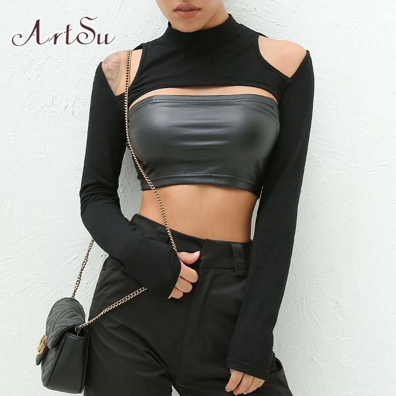 ArtSu Cut Out Off Peties Viršaus Black Marškinėliai, Femme Pasėlių Marškinėlius Moterų Ilgas Rankovėmis marškinėliai Harajuku Punk Streetwear ASTS21303