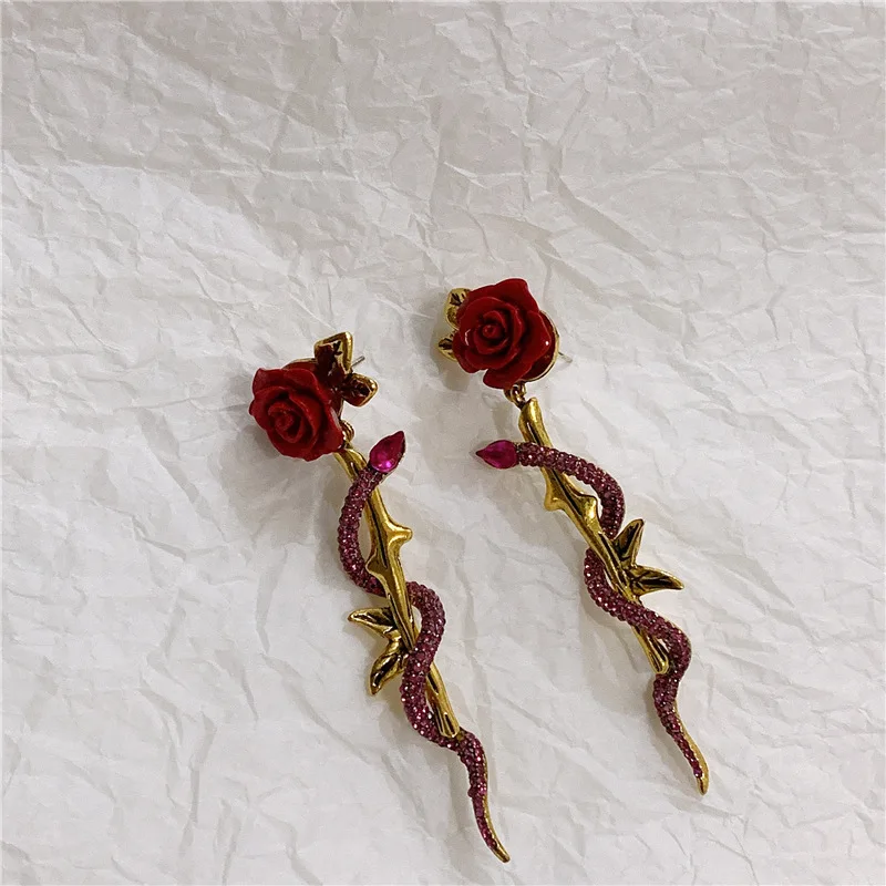 Naujas Prekės ženklas Raudona Rožė gėlių Stud Auskarai Moterims, Senovinių Papuošalų, Kristalų Gyvatė Auskarai Rodyti Bijoux Moteriška Šalis Brincos