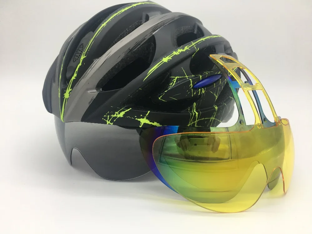 FASTERWAY mėlyna žalia šalmą su stiklu už MTB ir road bike 3 Objektyvo Ultralight Nuosekliai formuoti NŠS, Dviračių dalys, dviračių šalmas