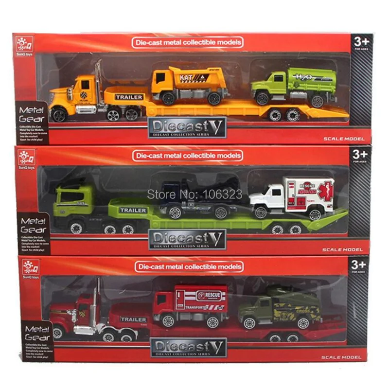 Naujas 1set : 1 Bortinis Krovinių Sunkvežimiai su 2 Automobilių, lieto Metalo Kolekcinių Modelių, Priekabos, Talpyklos dėl Flatcar Vaikas Žaislai