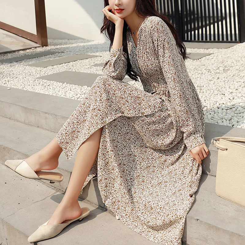 Elegantiškas-Line Gėlių Spausdinti Šifono Imperijos V-Kaklo Mados Korėjos Moterų Suknelė 2020 Ilgomis Rankovėmis Mygtuką Derliaus Suknelės 8560 50