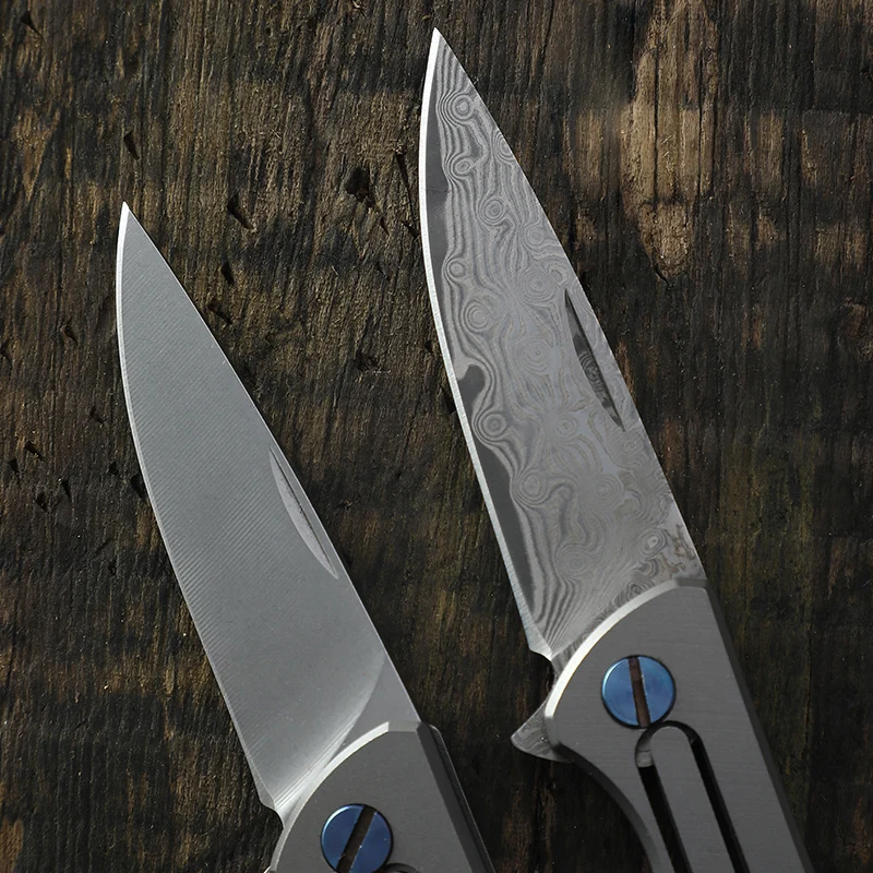 Lauko mini mažas titano rankena kišenėje peilis D2 peilis ir Damasko plieno lankstymo peilis kempingas pjovimo išgyvenimo EDC įrankis