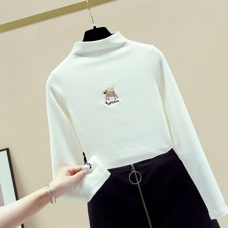 Rudenį Kawaii Drabužius Moteris Tshirts Rožinė Korėjos Stiliaus Marškinėliai Moterims Topai Ilgomis Rankovėmis Balta Siuvinėjimo Ruožas Tee Derliaus Naujas 2020 M.