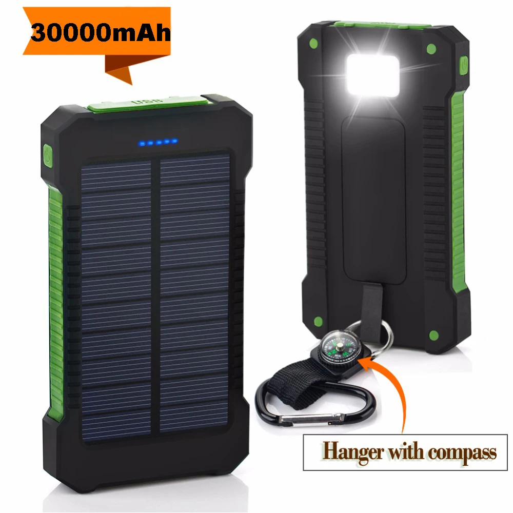 Saulės Energijos Banko 30000mAh Dual USB Vandeniui Saulės Kroviklį Power Bank Nešiojamų Išorės Baterija Powerbank su LED Šviesa