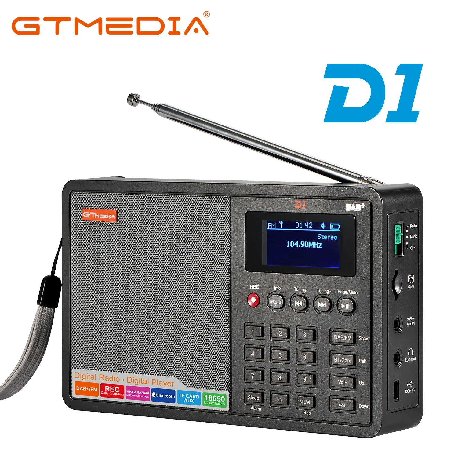 GTMEDIA D1,FM Radijas,Bluetooth, DAB+/FM+BT/TF Kortelė/AUX,1.8 colio LCD ekranas,DAB Radijas, Garsiakalbis,su 18650 Ličio Baterija Radijo