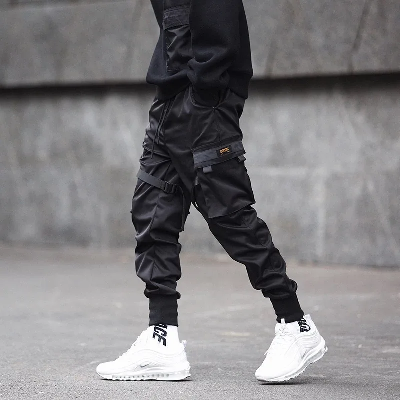 2019 NAUJAS Streetwear Juostelės Atsitiktinis SweatPants Juoda Slim Mens Poilsiu Kelnes Šoninės kišenės Medvilnės Kamufliažas Vyrų Kelnių