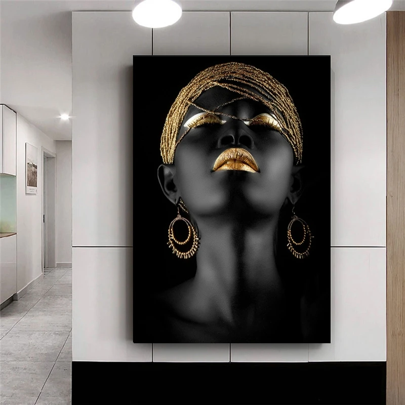 Modernaus Stiliaus Afrikos Moteris Tapyba ant Drobės Aukso Black Skandinavijos Sienos Meno Plakatas ir Spausdinimo Gyvenimo Kambario Dekoro