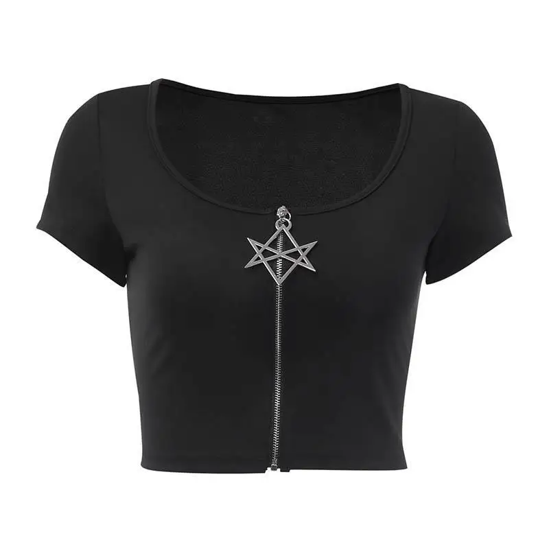 Goth Marškinėliai Moterims Vasarą Tamsiai Stiliaus Metalo Grandinės Zip iki Trumpas Rankovės Pasėlių Top Marškinėliai