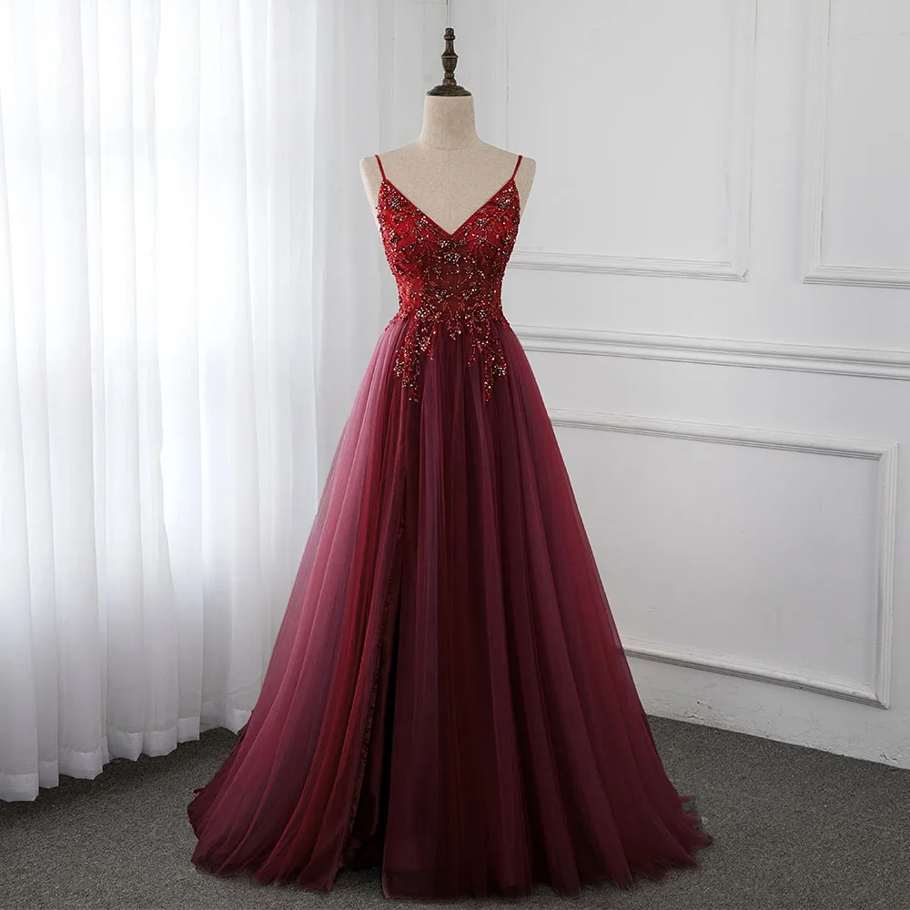 Saldus Vynas Raudonas Kristalas Ilgai Prom Dresses 2020 Spagečiai Dirželiai Tiulio Vakare Gown Ritininės Teisę YQLNNE