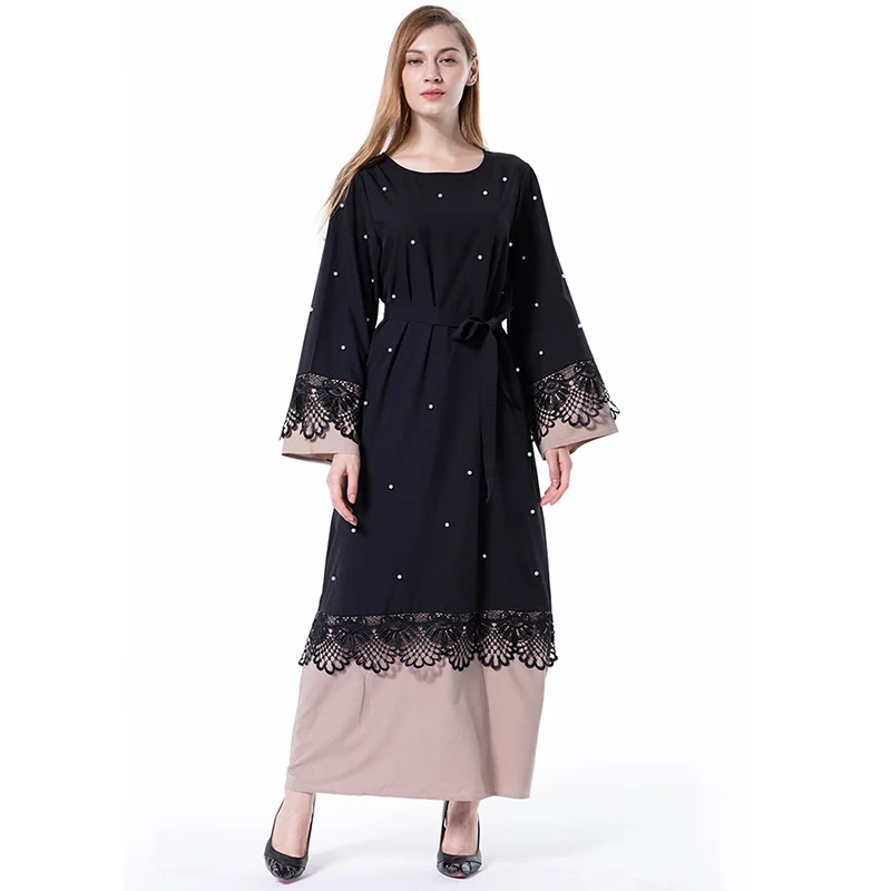 Musulmonų mados suknelė abayas moterų caftan marocain duobute perlas su juoda nėrinių kaftan