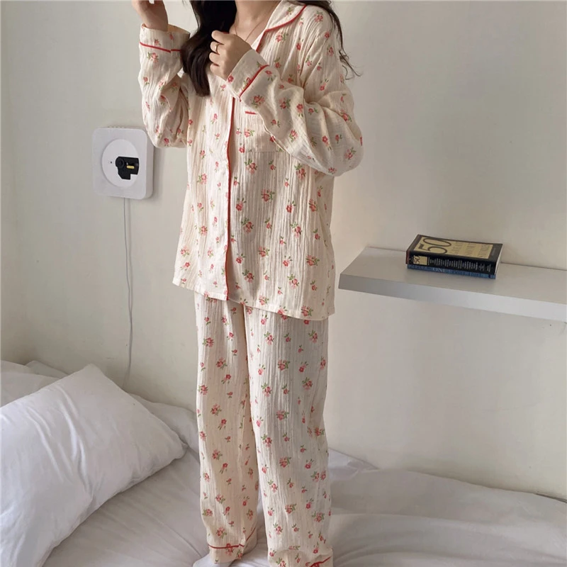 Svetimų Katytė 2021 Dviejų Dalių Kostiumas Puikus Medvilnė Švelnus Gėlių Spausdinti Saldus Korėjos Atsitiktinis Palaidų Elegantiškos Mados Pižama Komplektas