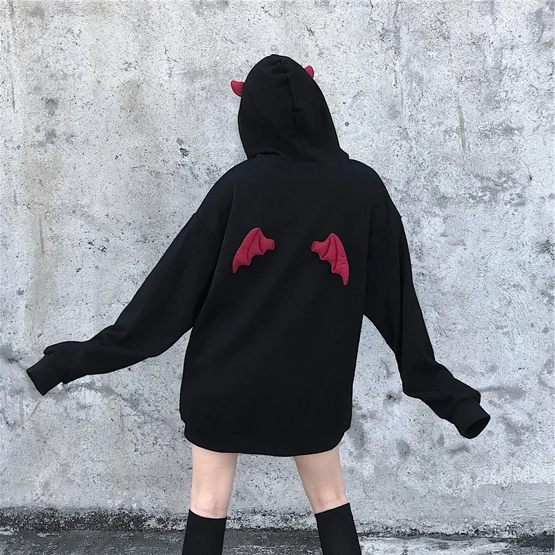 2020 M. Rudens Žiemos Moterims Megztiniai Su Gobtuvu Punk Black, Gothic Velnio Ragų Prašmatnus Hodies Puloveris Kawaii Anime Mielas Moterų Topai