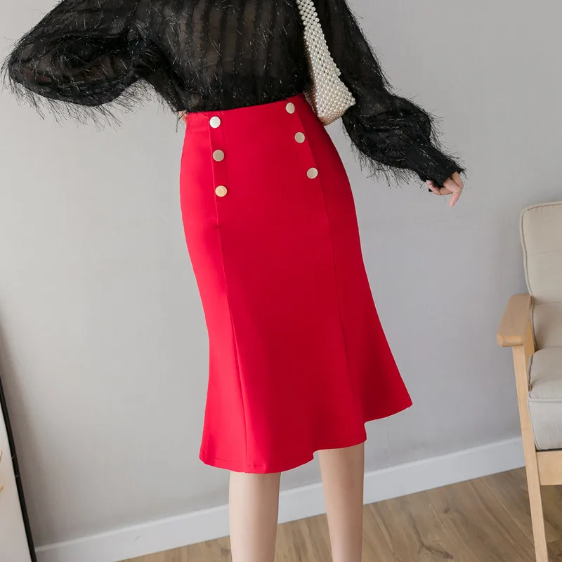 Midi Sijonas 2020 Naujas Mados Dvigubo Breasted Aukšto Juosmens Paketo Klubo Sijonas Office Lady Elegantiškas Ruffles Derliaus Sijonai Juoda/Raudona