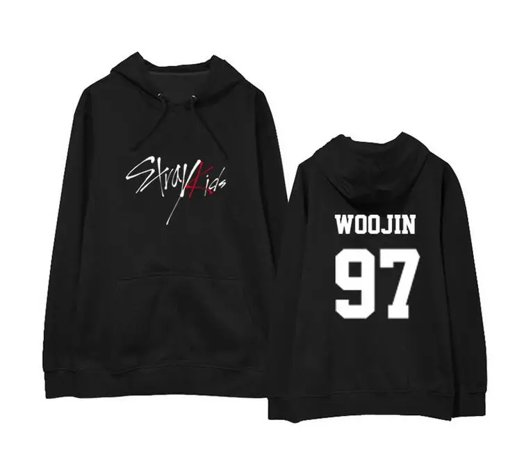 Kpop straykids didelis logotipas ir nario vardas spausdinimo vilnos hoodies rudens žiemos unisex laisvas megztinis palaidinukė juoda/balta