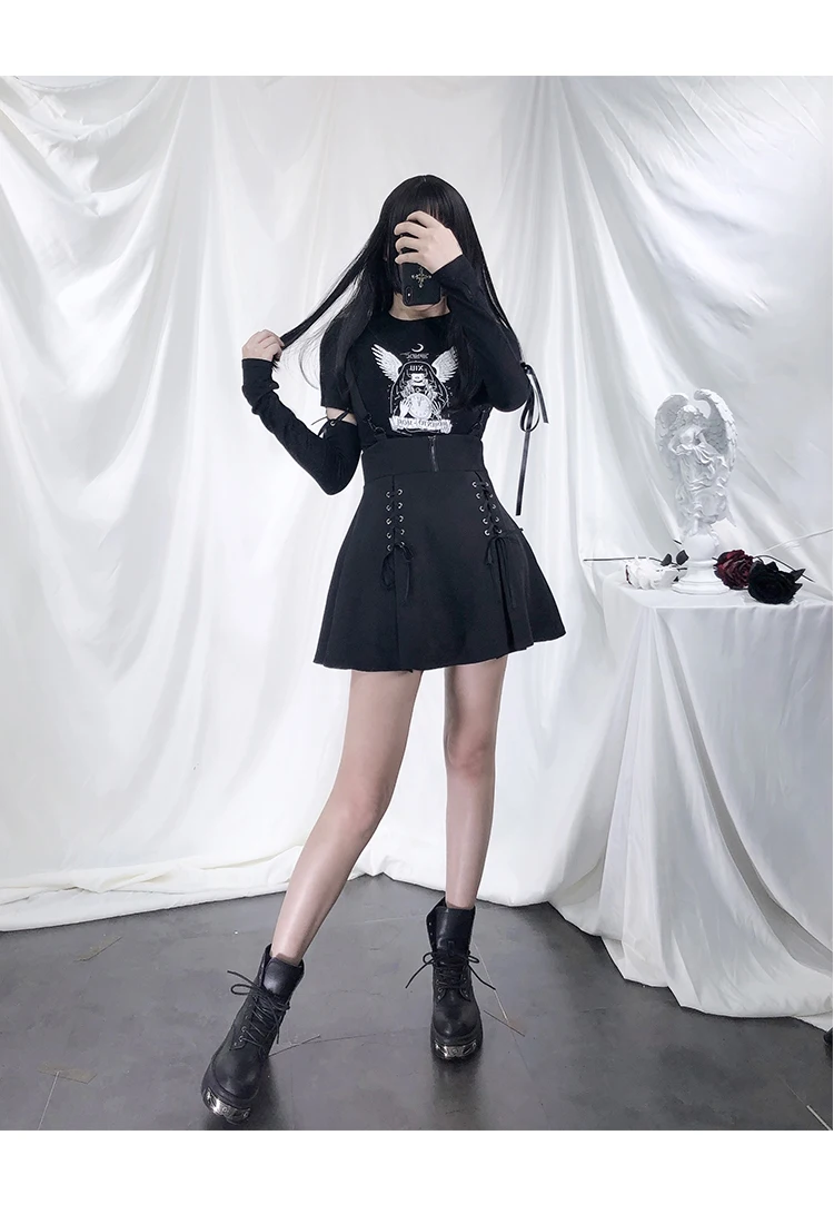 Harajuku Mada Juodas Mini Sijonas Moterims Gothic Lolita Cute Tvarstis Trumpas Linija Sijonas Mergaitėms Derliaus Punk Cosplay Suspender Sijonas