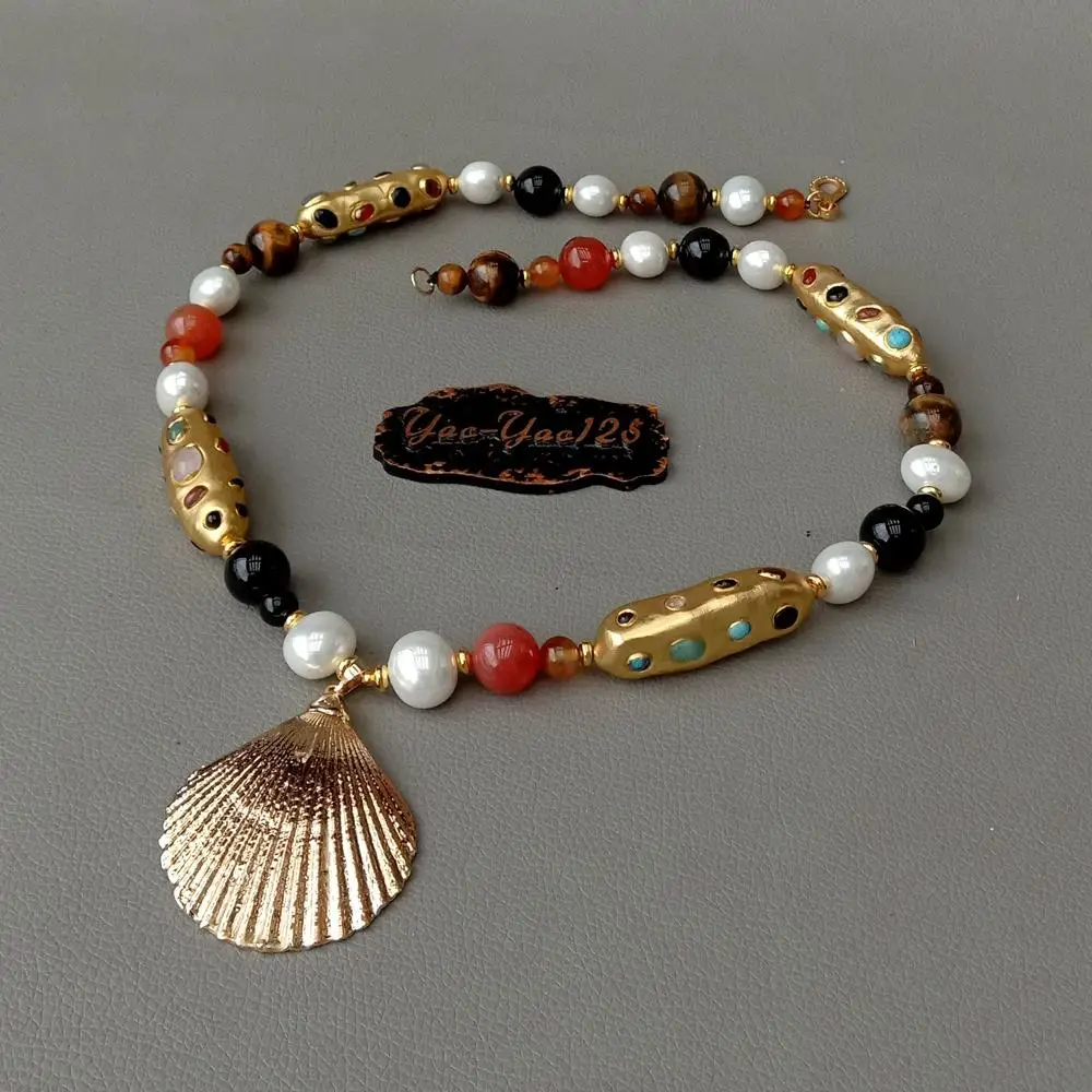 Sea shell Perlų, Tigro Akis, Padengtą aukso spalvos Karoliukai Karoliai Seashell Pakabukas Moterų Collier Femme Shell Cowrie Vasaros