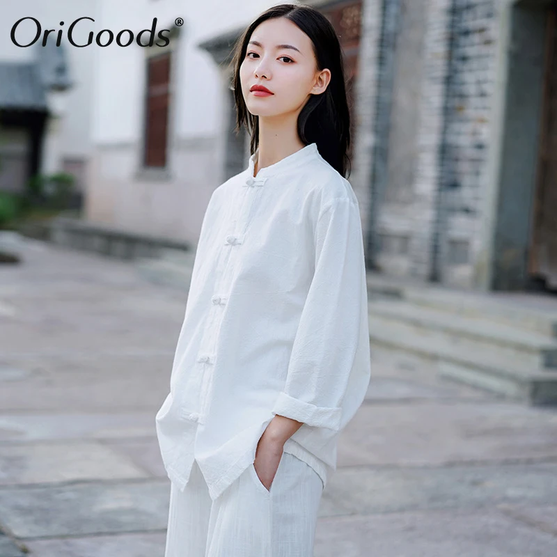 OriGoods Moterų Ilgas rankovėmis Marškinėliai 2019 M. Rudenį Kinų stiliaus Marškinėliai Palaidinė Medvilnės Skalbiniai Vintage Marškinėliai Chi Chi, drabužių C269