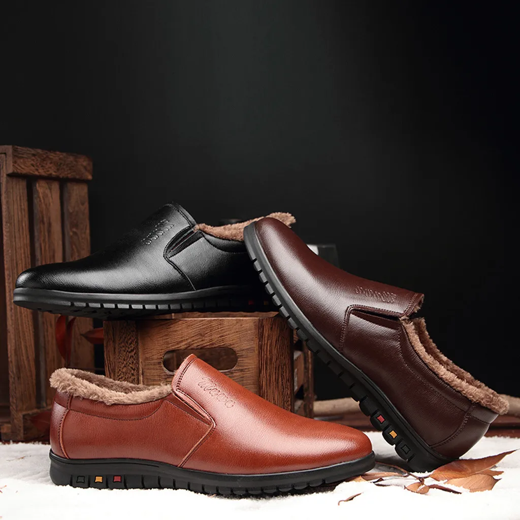 Žiemos vyriški klasikiniai odiniai plokščiadugnis šiltas medvilnės apvalios galvos batai europos sąjungos oficialusis verslo batus atsitiktinis plius medvilnės batai