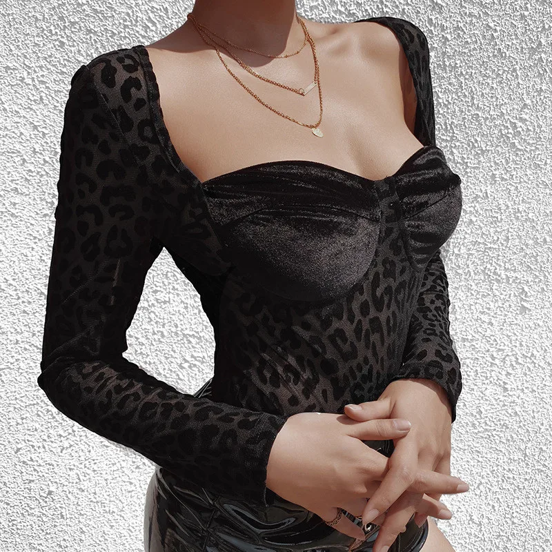 SEZONAI ilgomis Rankovėmis Leopard Akių matyti-per Kratinys Seksualus Bodysuit Rudenį Moterų Mados Streetwear Klubas Komplektus ASJU80494