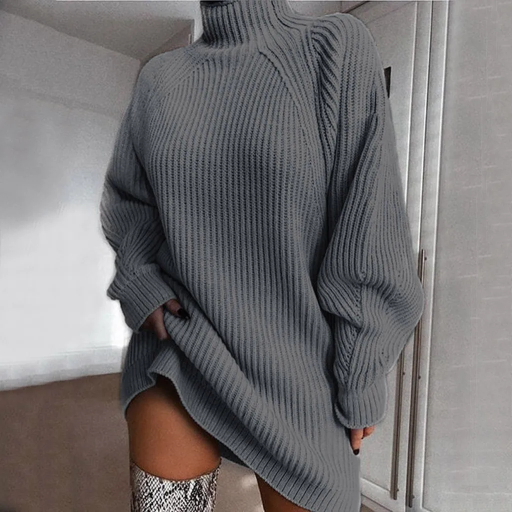 Moterų Golfo Long Sleeve Sweater Dress Moteris Rudens-Žiemos Purus Megzti Tunika Atsitiktinis Rausva Pilka Drabužių Kietas Suknelės