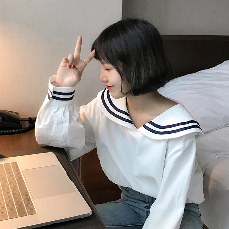 Naujas Korėjos Preppy Stilius Sailor Apykaklės Stripe Marškinėliai Moterims Rudenį Ilgomis Rankovėmis Prarasti Atsitiktinis Palaidinė Moteris Mielas Viršūnės
