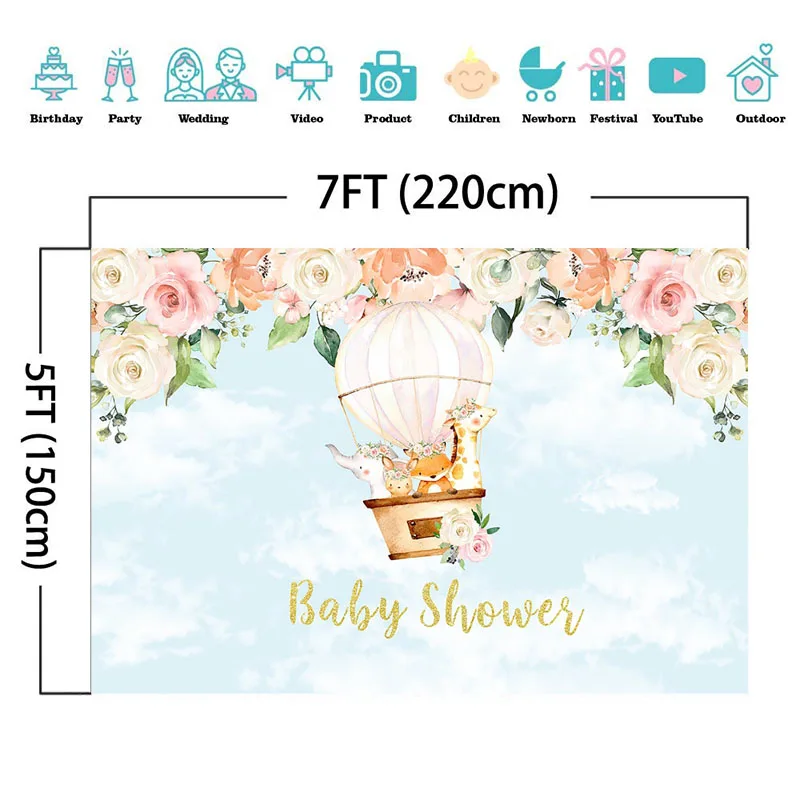 Karšto Oro Balionas Nuotykių Mergina Baby Shower Fotografijos Fone Akvarelė Gėlės, Tortas, Stalo Dekoras Reklama Photo Booth Rekvizitai