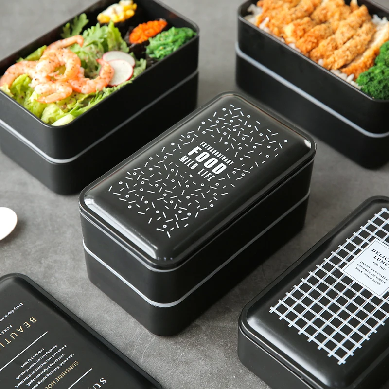 Du kartus priešpiečių dėžutė priešpiečių dėžutė plastiko pusryčiai ir vakarienė studentų maisto konteineryje juoda nešiojamų priešpiečių dėžutė mikrobangų šildymo 2000ml